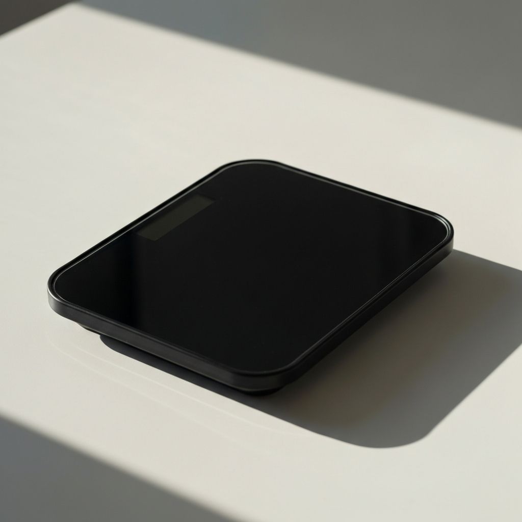 Empty kitchen scale on clean white surface in soft natural light